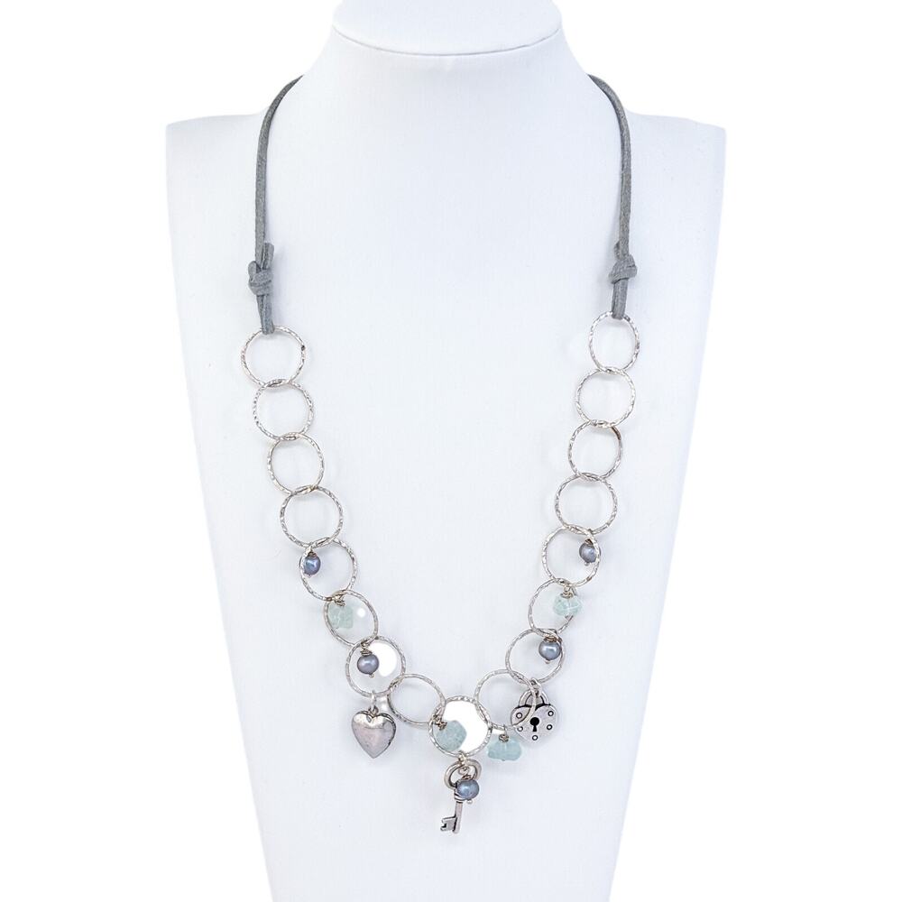 Silver-Plated Aquamarine Faux Pearl Suede Lock Key Heart Charm Necklace 21"